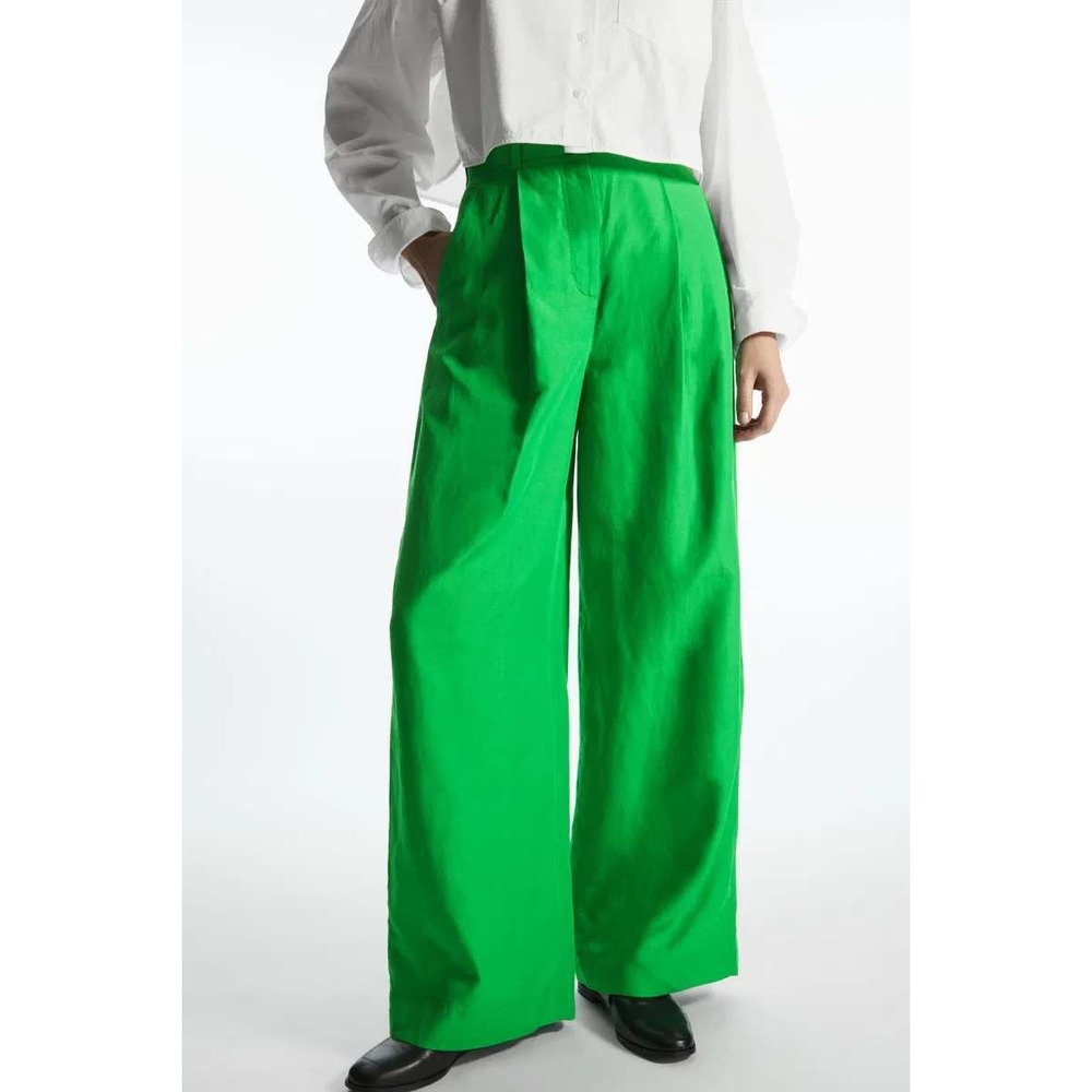 COS Wide Leg Trousers Womens 6 Green Lyocell Linen Pleated High Rise Pants